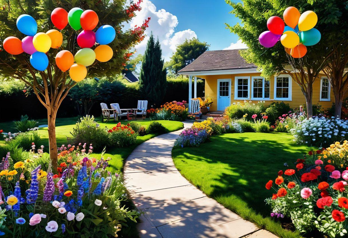 A bright and cheerful garden scene bursting with vibrant flowers and a sunlit pathway, where a diverse group of people are engaging in joyful activities like laughter, dancing, and sharing moments together. Birds are singing while soft clouds float by, embodying an uplifting atmosphere of connection and positivity. Include elements like picnic blankets, colorful balloons, and light-hearted decorations to amplify the joyful spirit. super-realistic. vibrant colors. 3D.