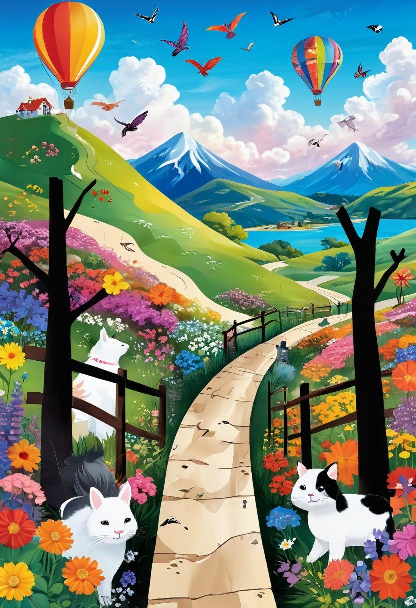 A whimsical landscape featuring winding paths that burst with vibrant flowers and playful animals. Include a person joyfully exploring these paths, embodying a spirit of adventure and positivity. The background should have a bright, sunny sky with fluffy clouds and colorful kites flying. This enchanting scene should evoke feelings of happiness and motivation. vibrant colors. super-realistic. whimsical style.