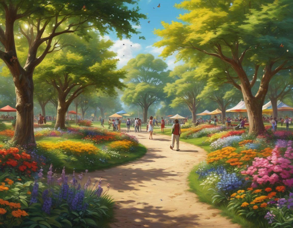 A bright, sunny park scene filled with people of diverse backgrounds engaging in joyful activities like dancing, painting, and playing games. Lush green trees and colorful flowers surround the area, depicting a sense of exuberance and happiness. Include playful animals like butterflies and birds fluttering around, enhancing the vibrant atmosphere of joy. super-realistic. vibrant colors. sunny background.